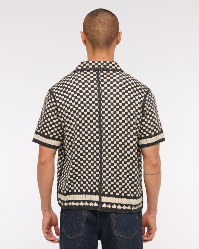 Crochet-Style Border Stripe Button-Through Sweater Polo