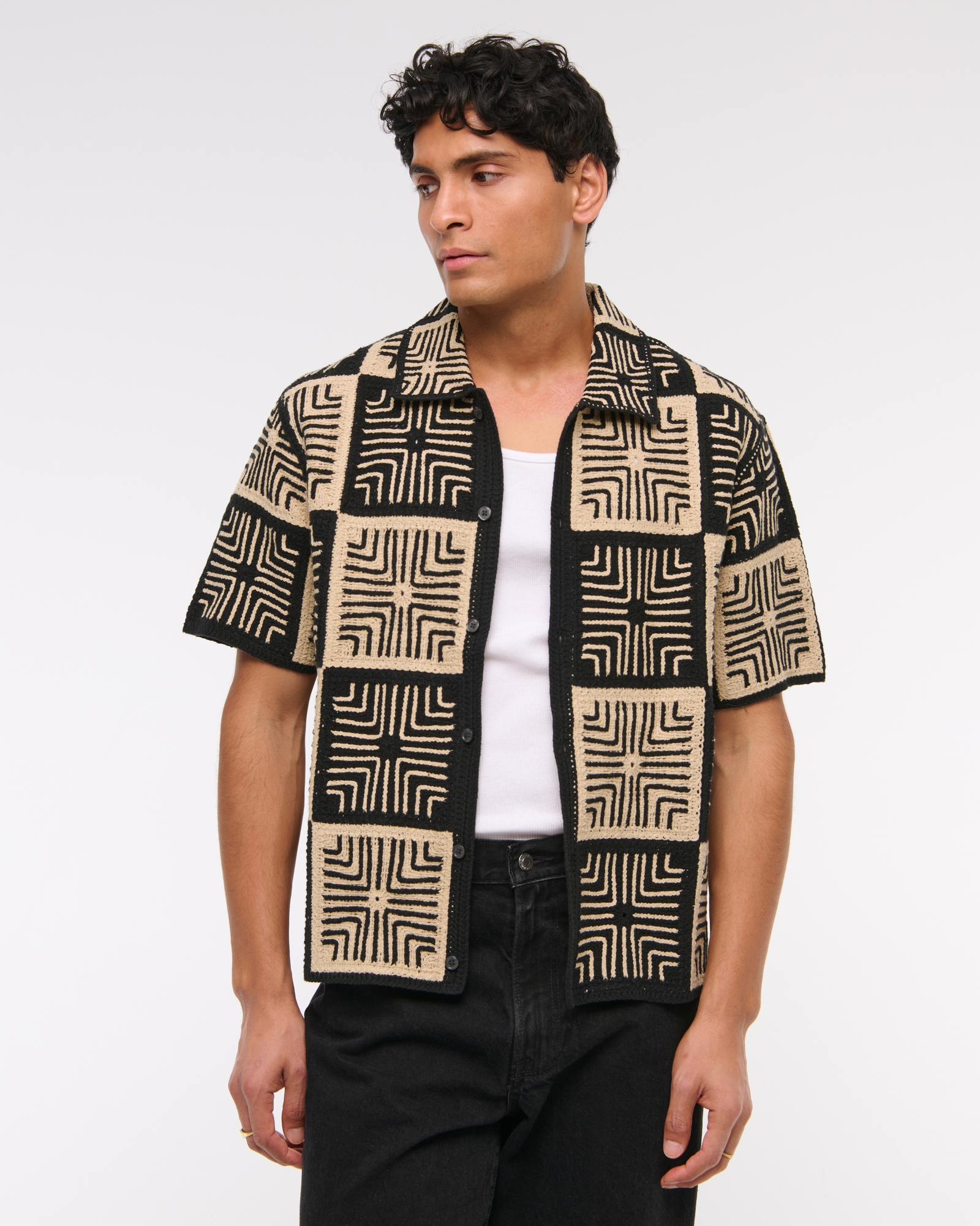 Crochet-Style Border Stripe Button-Through Sweater Polo