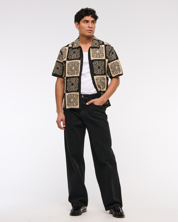 Crochet-Style Geometric Button-Through Sweater Polo
