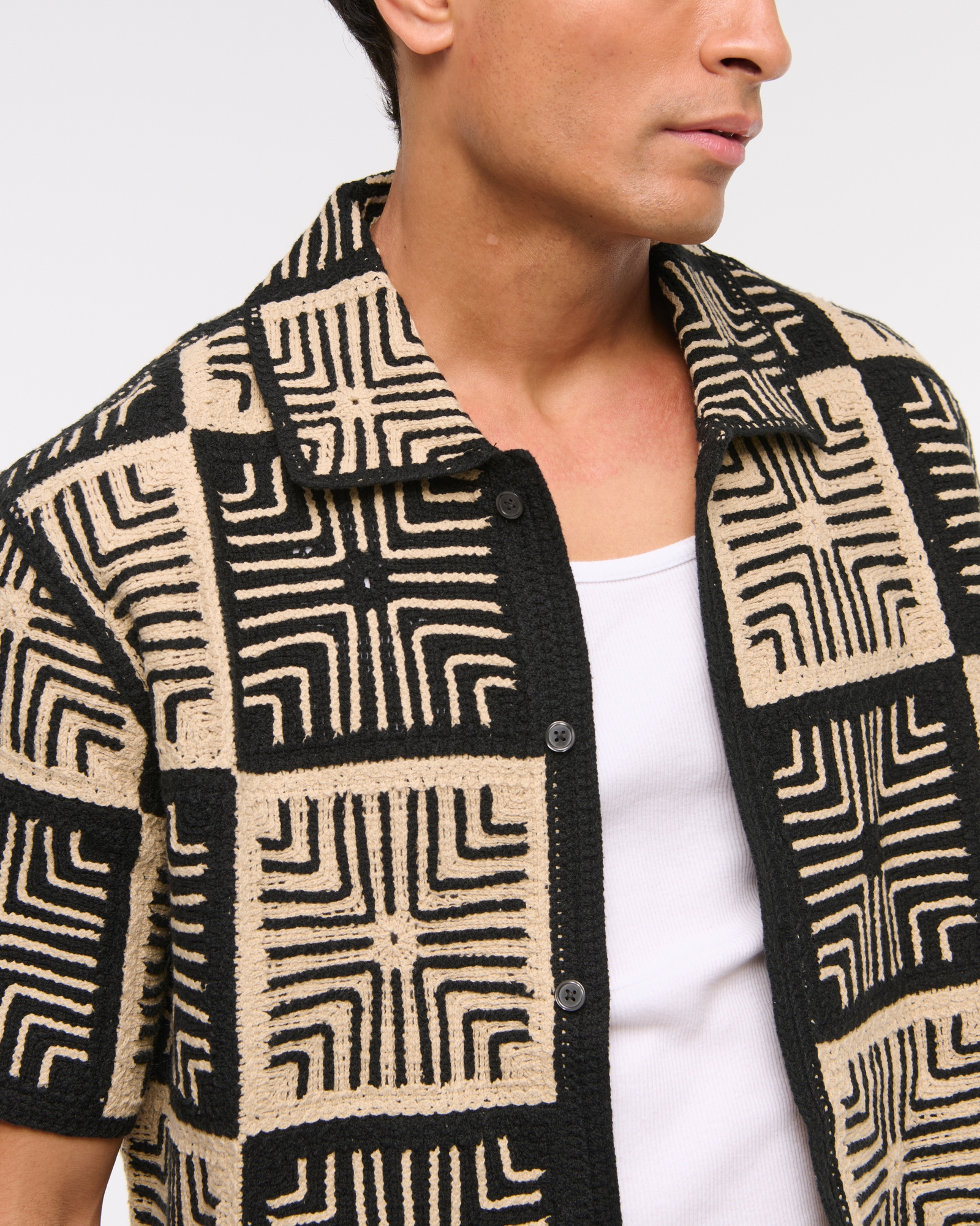 Crochet-Style Geometric Button-Through Sweater Polo