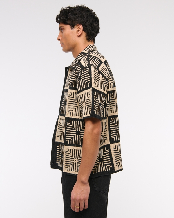 Crochet-Style Geometric Button-Through Sweater Polo