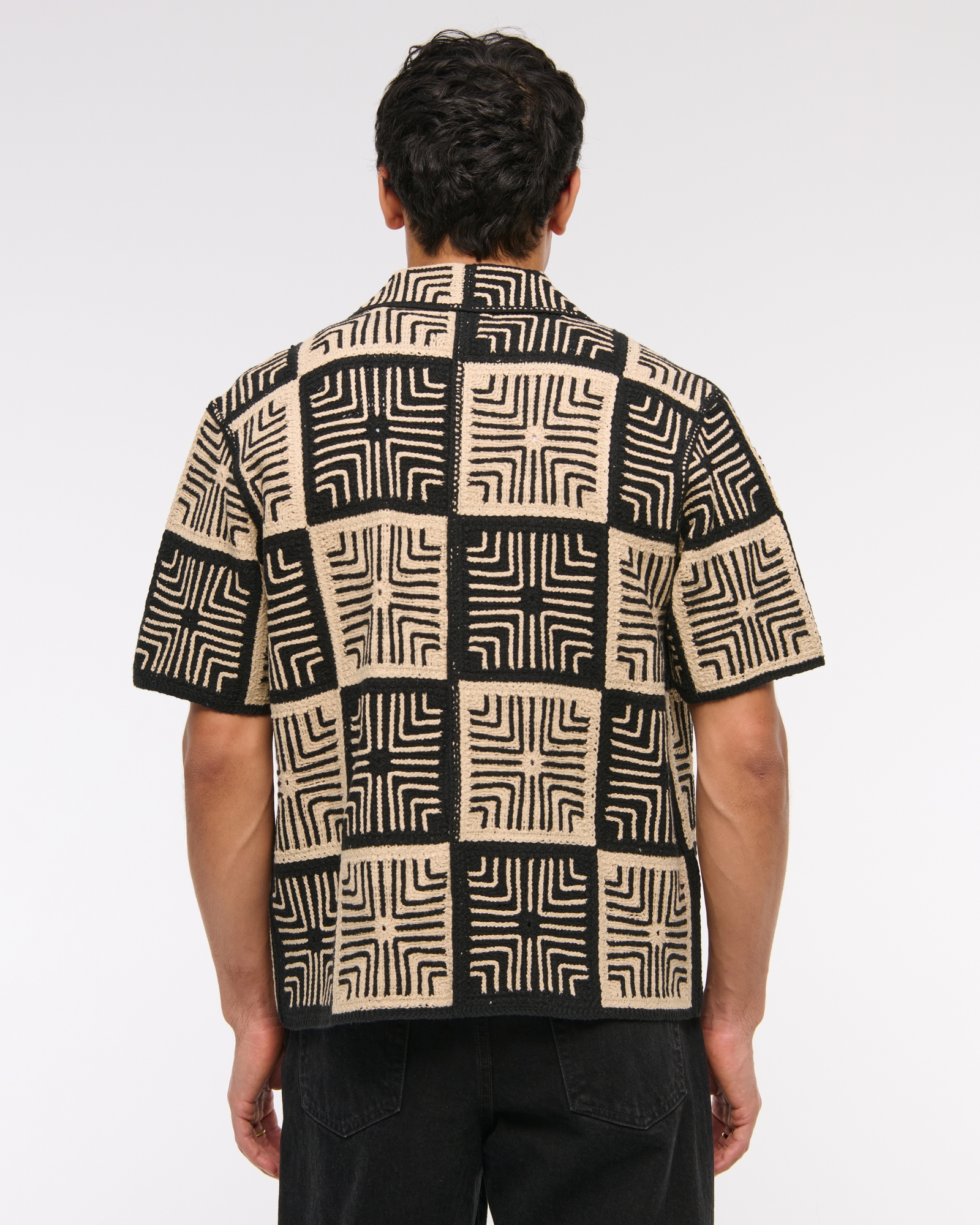 Crochet-Style Geometric Button-Through Sweater Polo