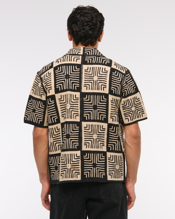 Crochet-Style Geometric Button-Through Sweater Polo
