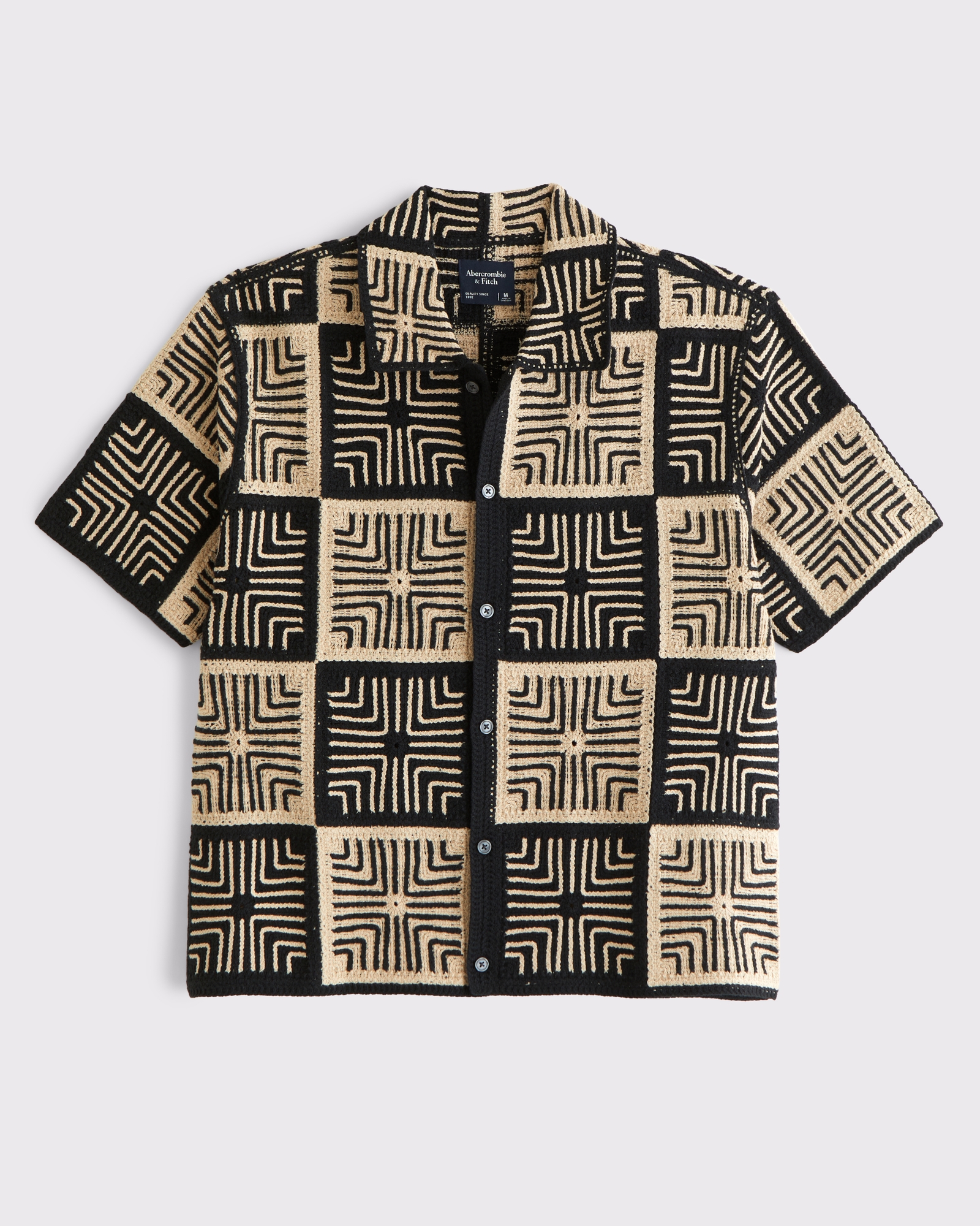 Crochet-Style Border Stripe Button-Through Sweater Polo