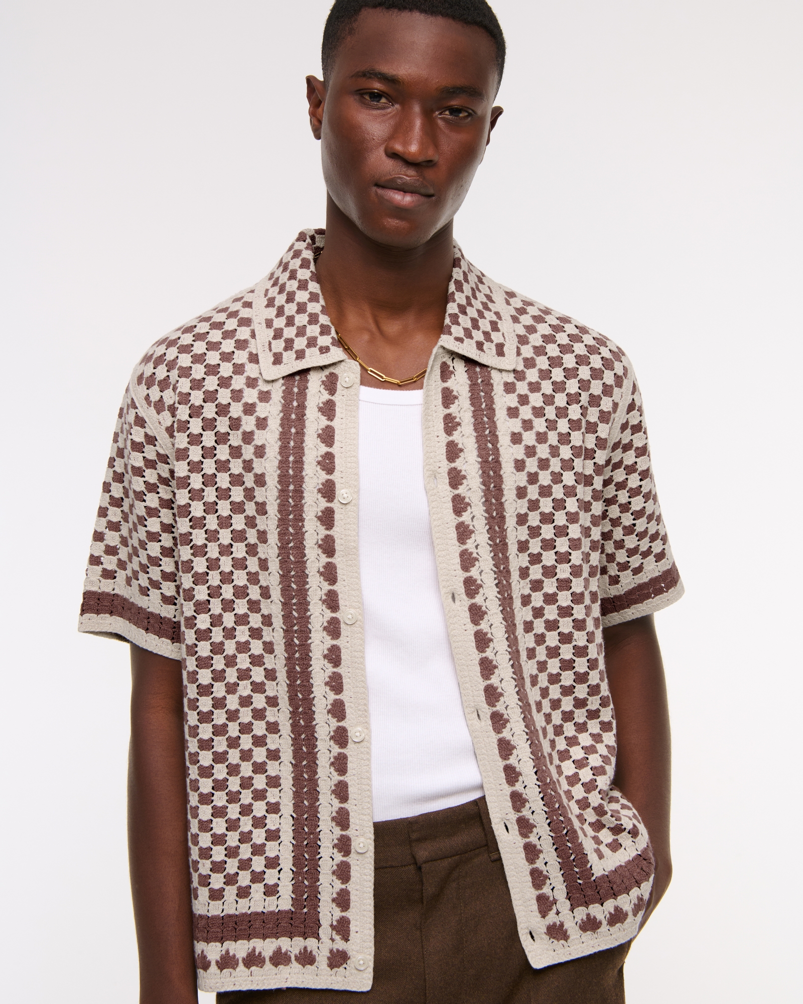 Men's Crochet-Style Border Stripe Button-Through Sweater Polo