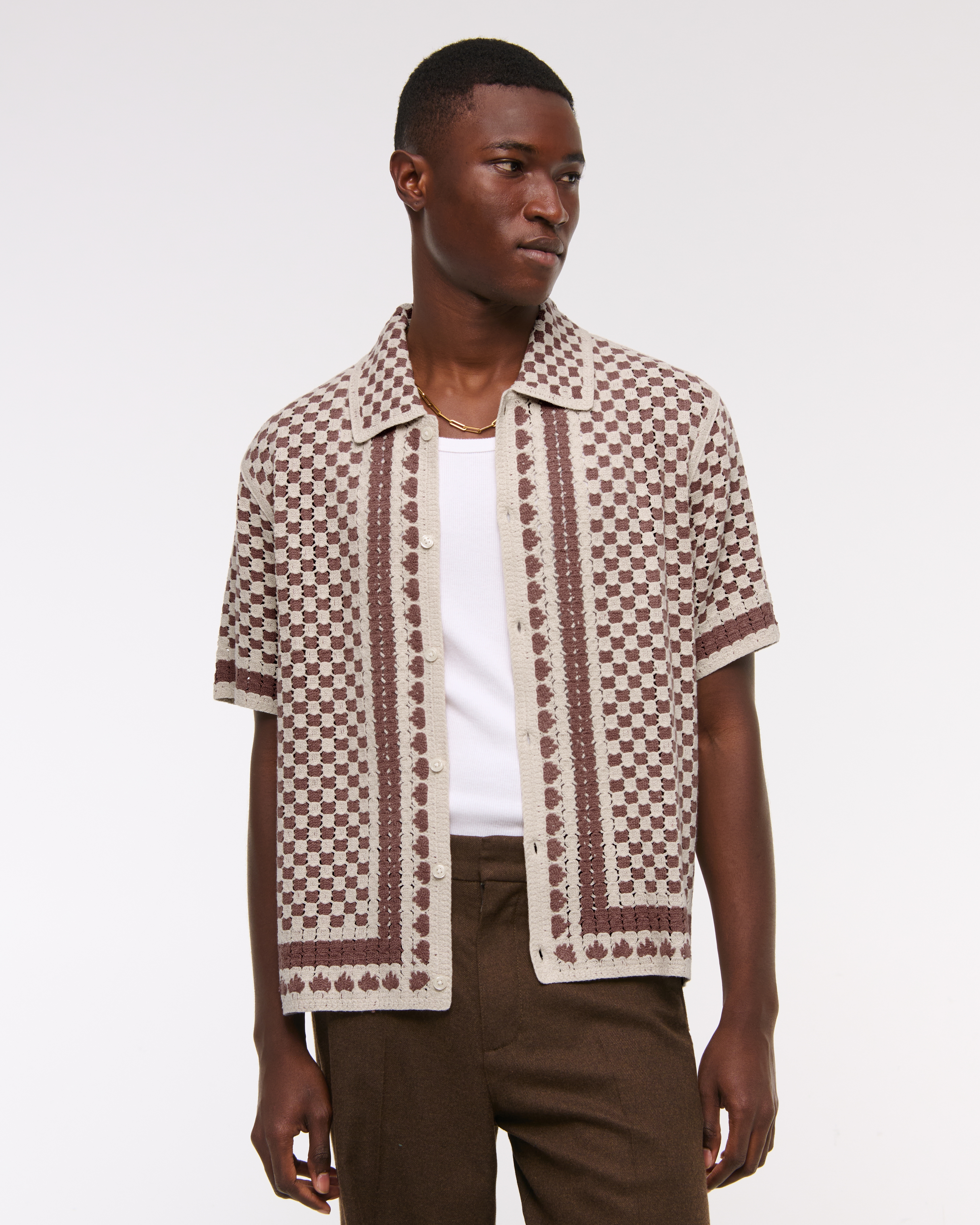 Men's Crochet-Style Border Stripe Button-Through Sweater