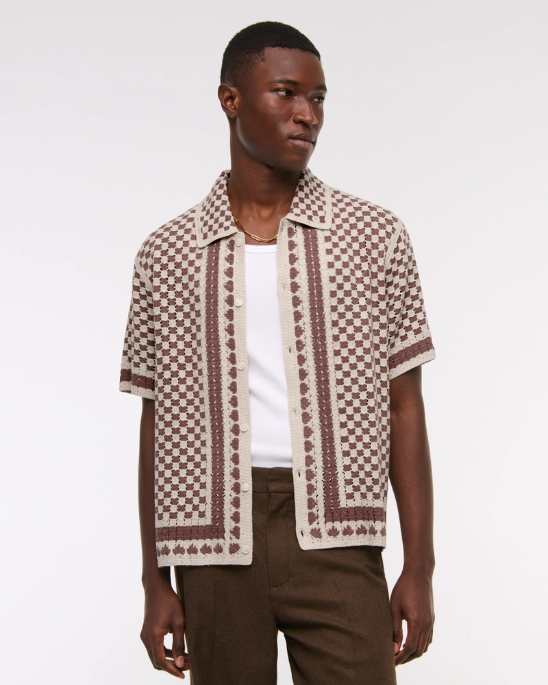 Crochet-Style Border Stripe Button-Through Sweater Polo