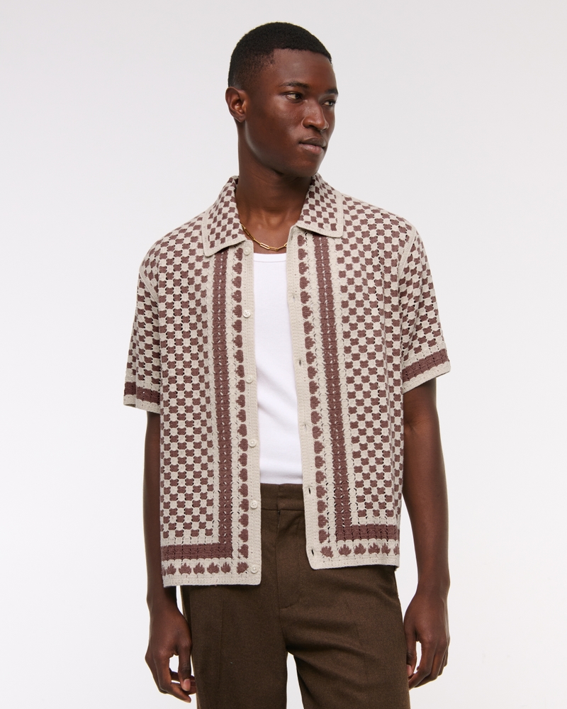 Crochet-Style Border Stripe Button-Through Sweater Polo