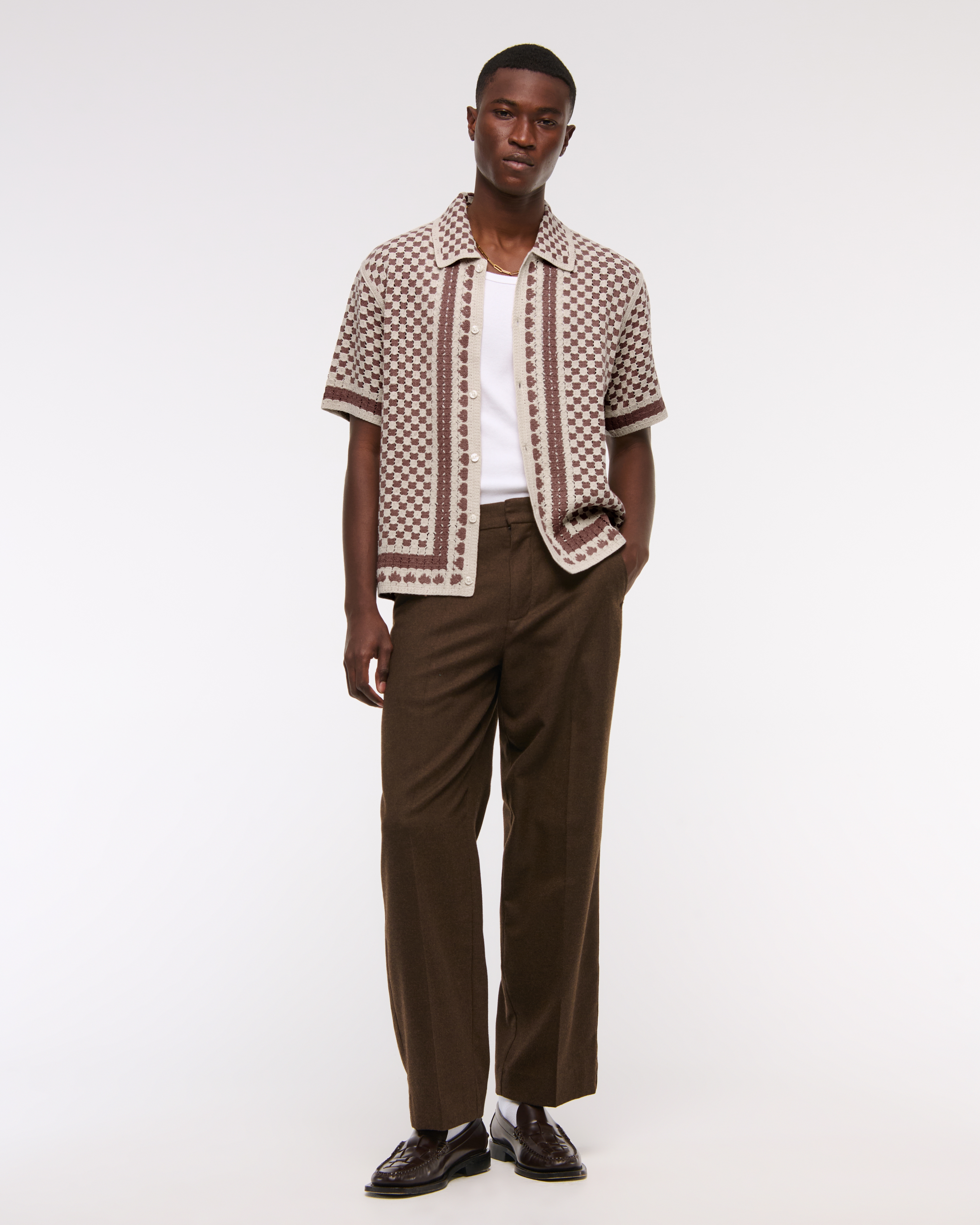 Men's Crochet-Style Border Stripe Button-Through Sweater