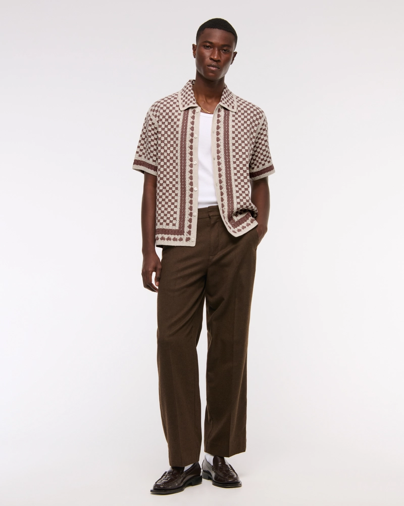 Crochet-Style Border Stripe Button-Through Sweater Polo