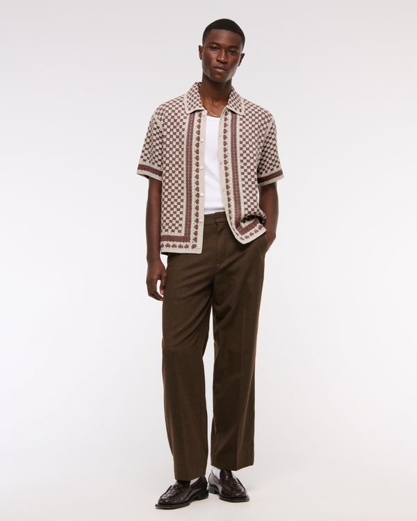 Men's Crochet-Style Border Stripe Button-Through Sweater Polo