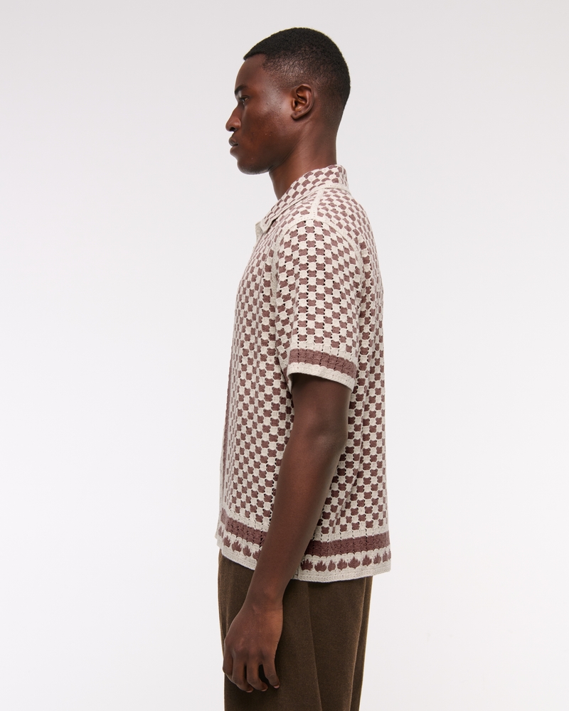 Men's Crochet-Style Border Stripe Button-Through Sweater Polo