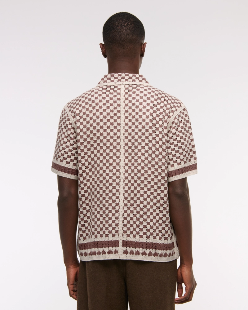 Crochet-Style Border Stripe Button-Through Sweater Polo