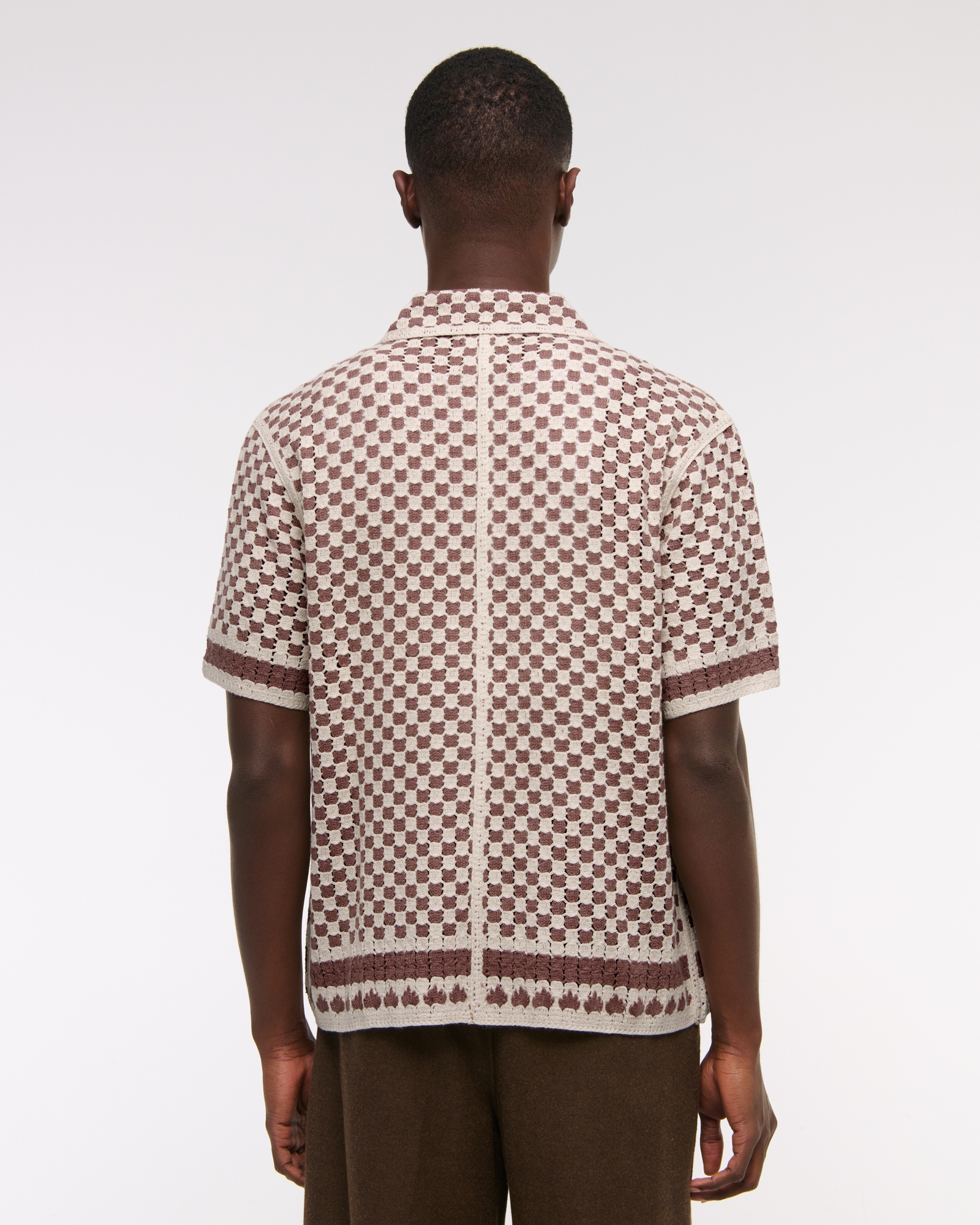 Crochet-Style Border Stripe Button-Through Sweater Polo