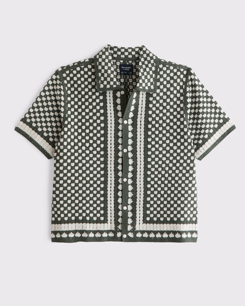 Men's Crochet-Style Border Stripe Button-Through Sweater