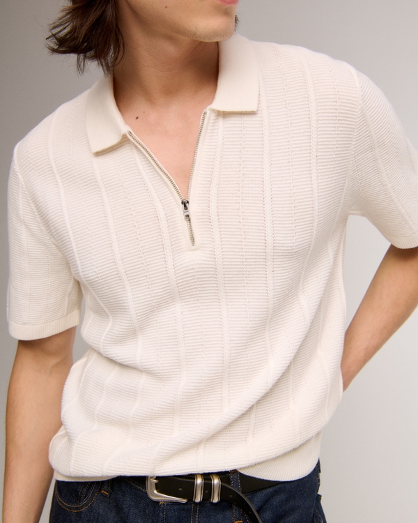 Textural Stripe Zip Sweater Polo, Cream view 1