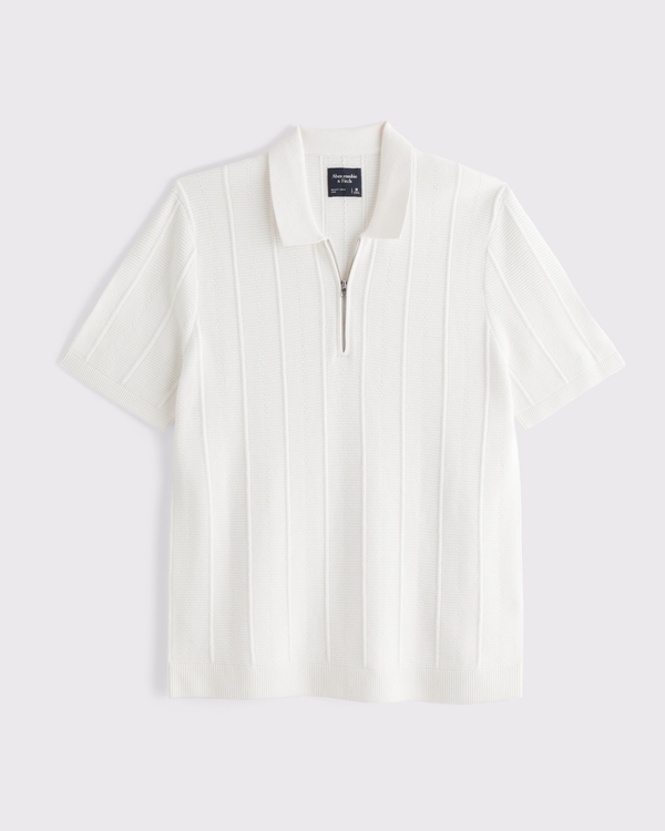 Textural Stripe Zip Sweater Polo, Cream view 2