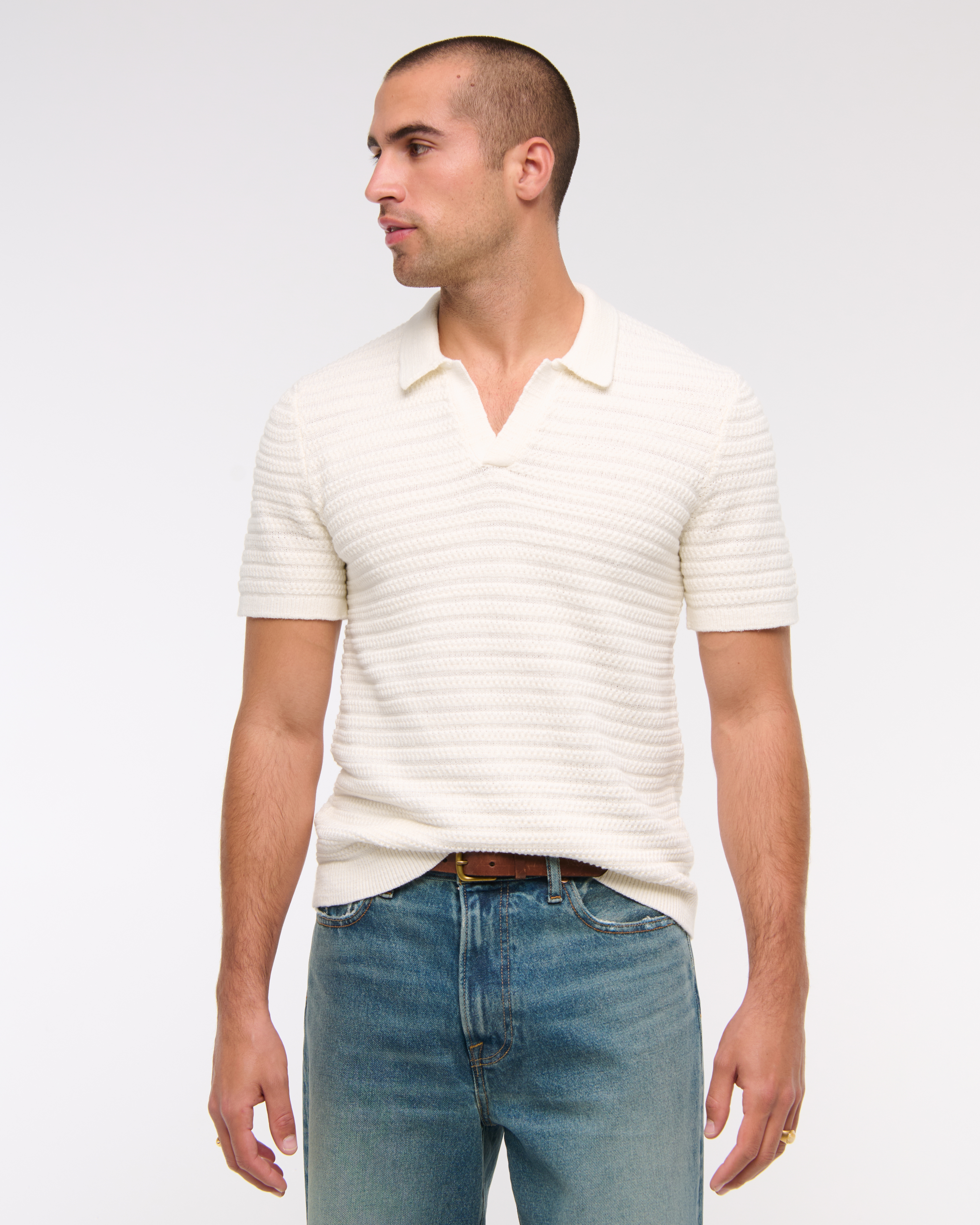 Abercrombie & Fitch Textural Striped Johnny Collar Sweater Polo In Neutral