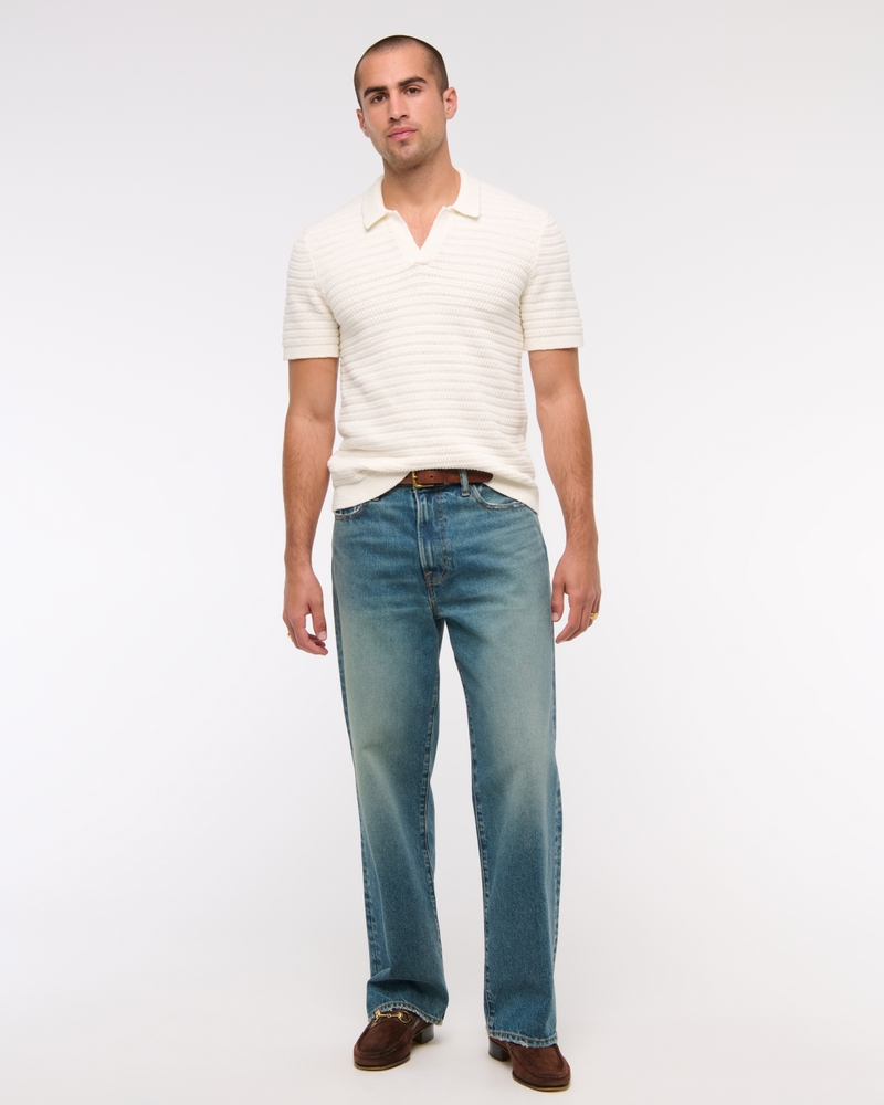 Textural Striped Johnny Collar Sweater Polo