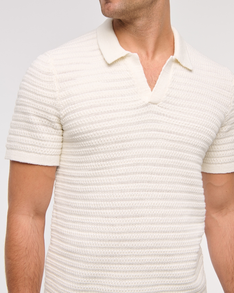Textural Striped Johnny Collar Sweater Polo
