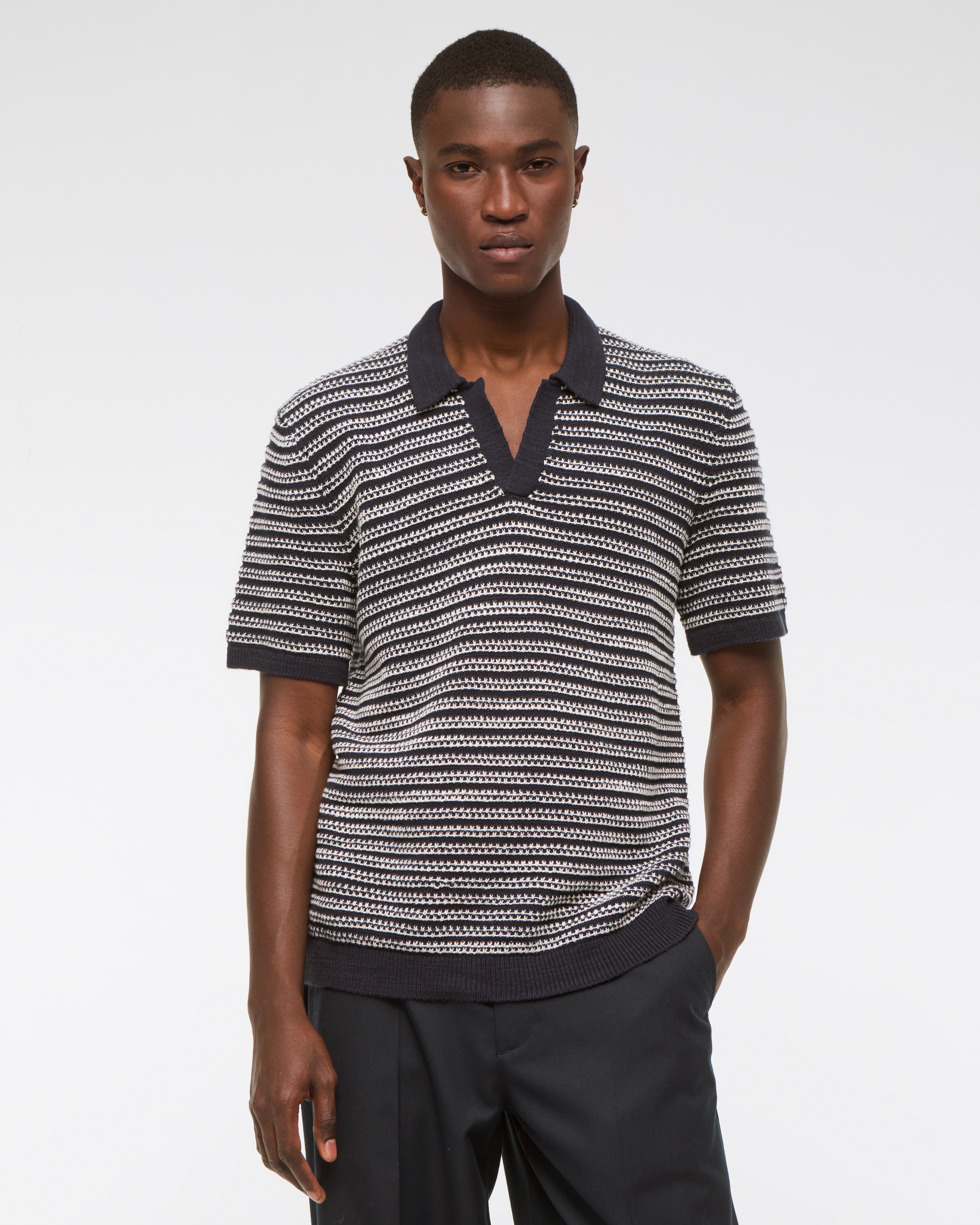 Abercrombie & Fitch Textural Striped Johnny Collar Sweater Polo In Black