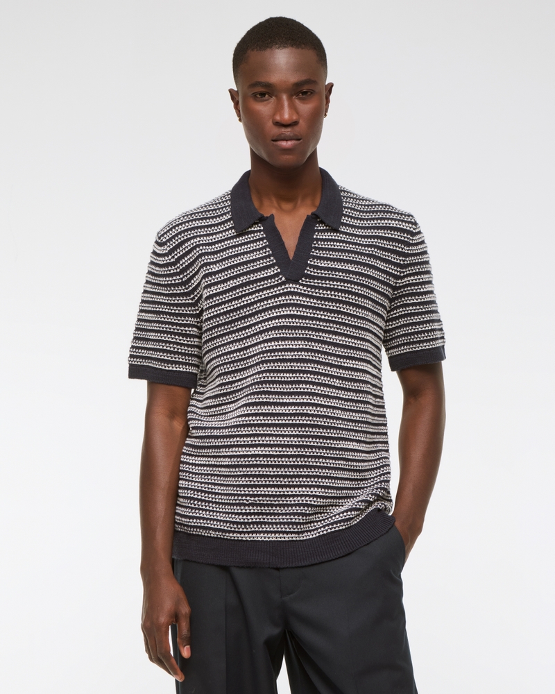Textural Striped Johnny Collar Sweater Polo - thumbnail 7