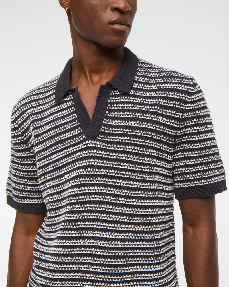 Textural Striped Johnny Collar Sweater Polo