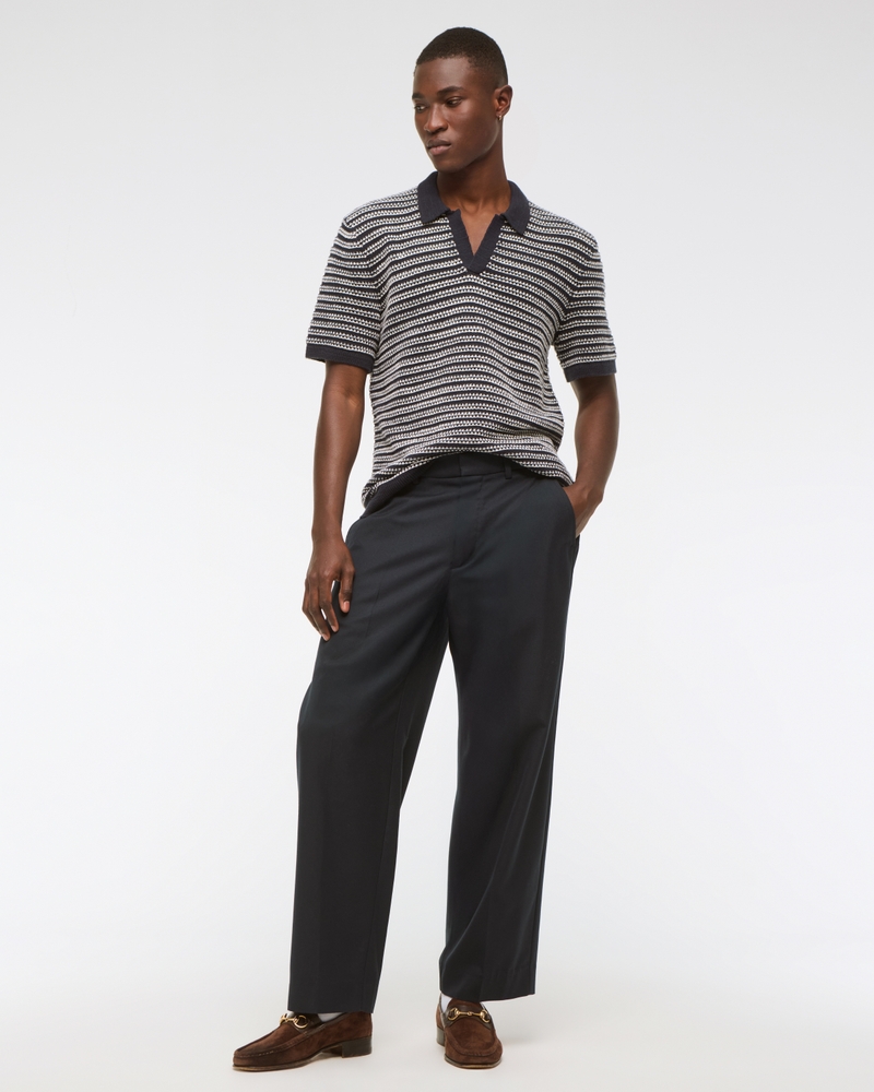 Textural Striped Johnny Collar Sweater Polo