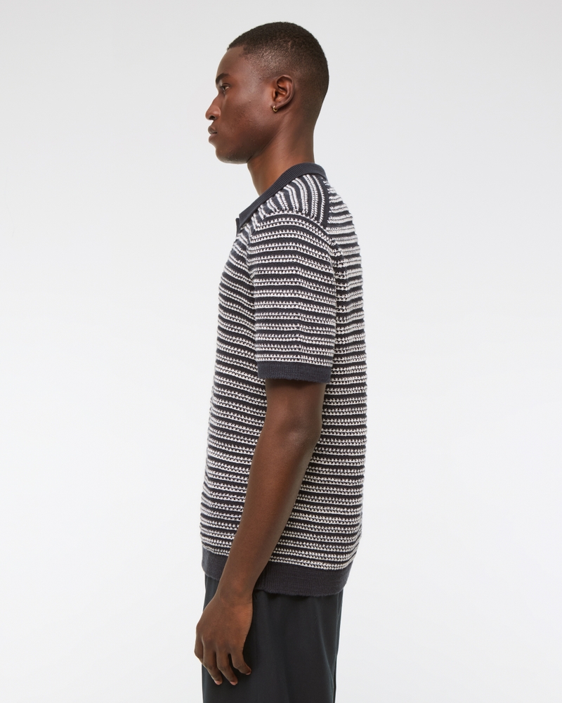 Textural Striped Johnny Collar Sweater Polo