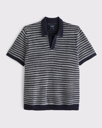 Textural Striped Johnny Collar Sweater Polo