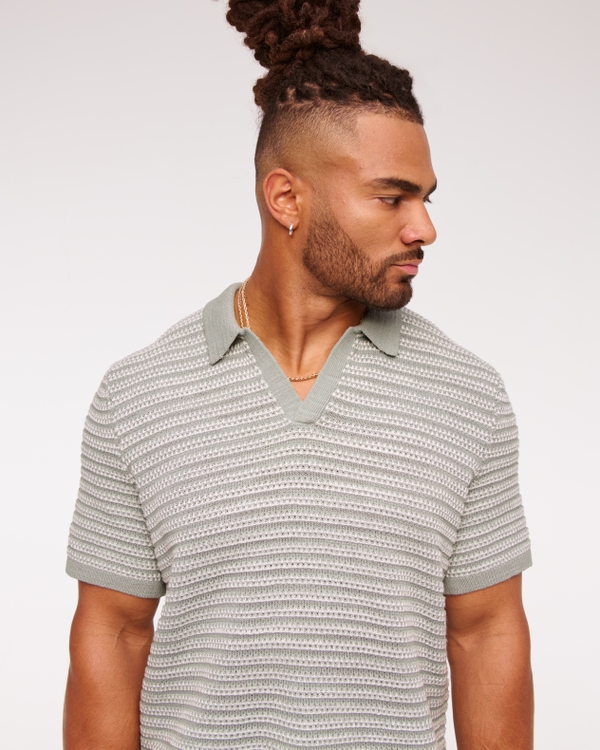 Textural Striped Johnny Collar Sweater Polo, Misty Sage Stripe view 1