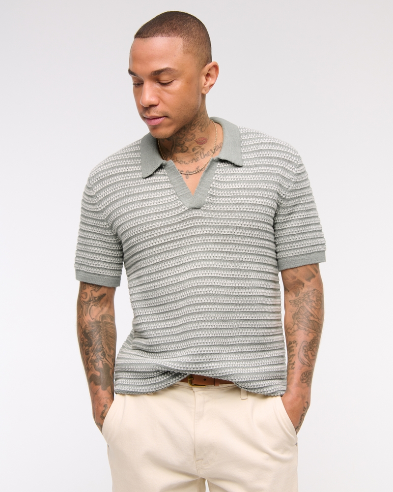 Textural Striped Johnny Collar Sweater Polo
