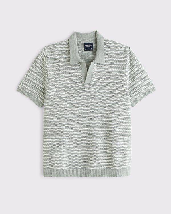 Textural Striped Johnny Collar Sweater Polo, Misty Sage Stripe view 1