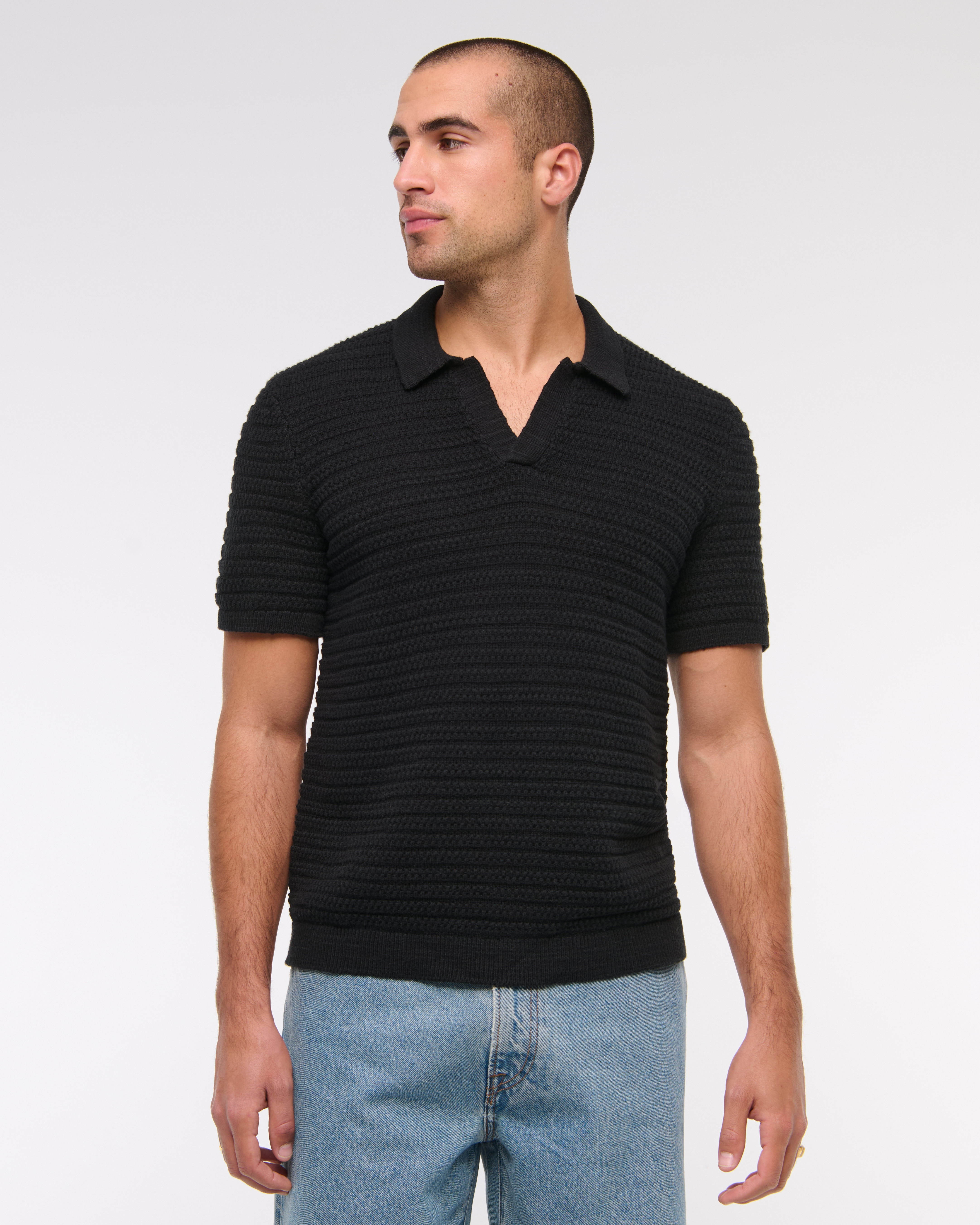 Abercrombie & Fitch Textural Striped Johnny Collar Sweater Polo In Black