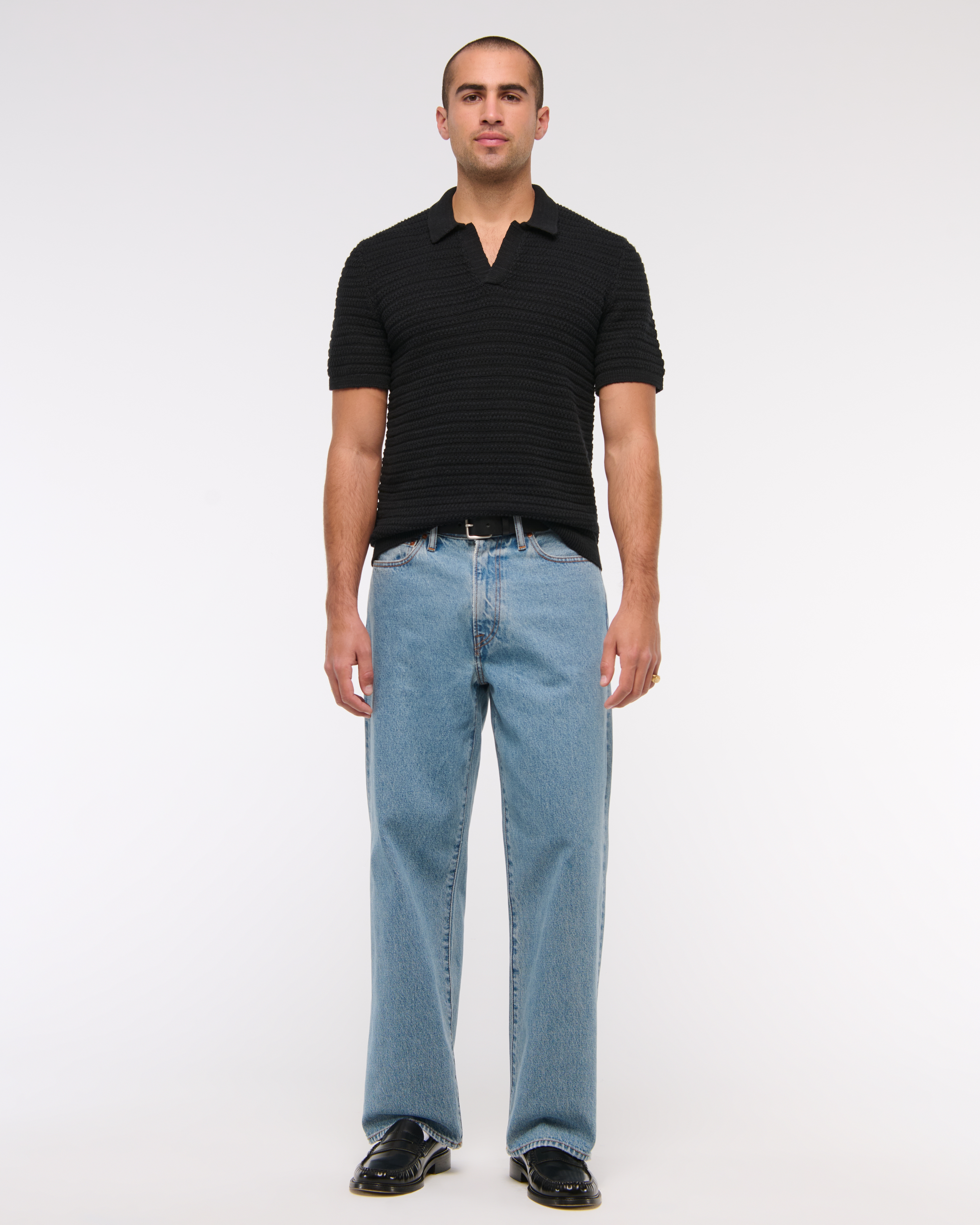 Men's Textural Striped Johnny Collar Sweater Polo | Men's