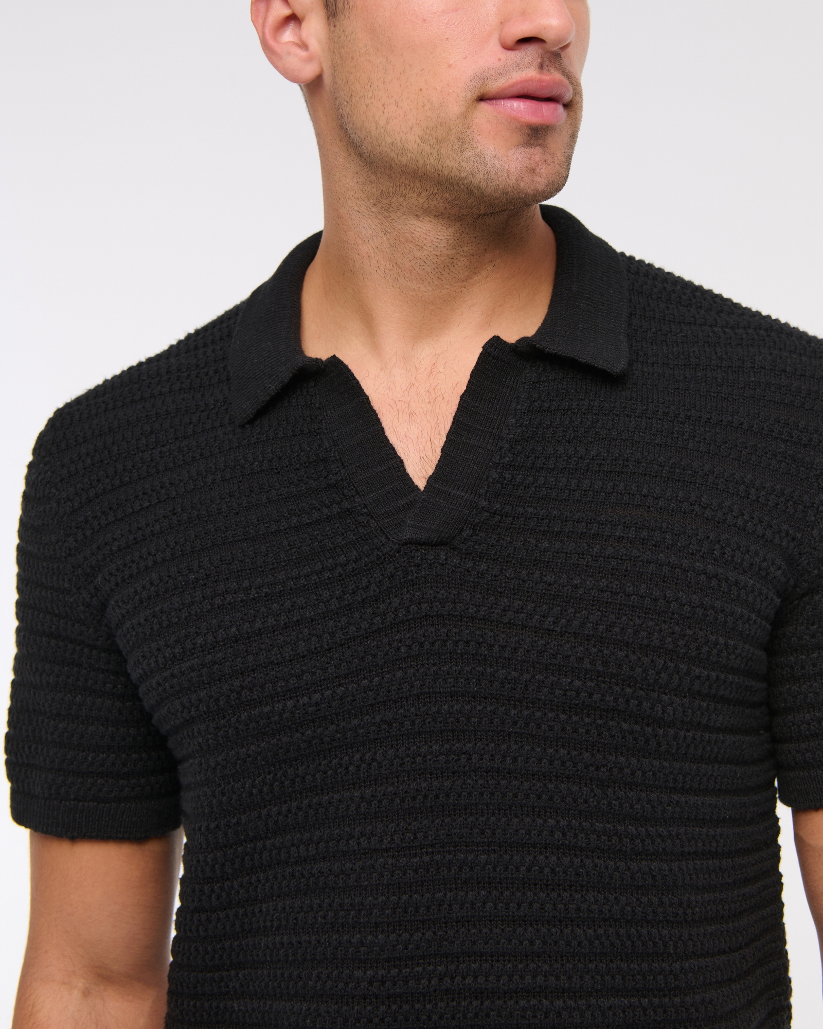 Textural Striped Johnny Collar Sweater Polo