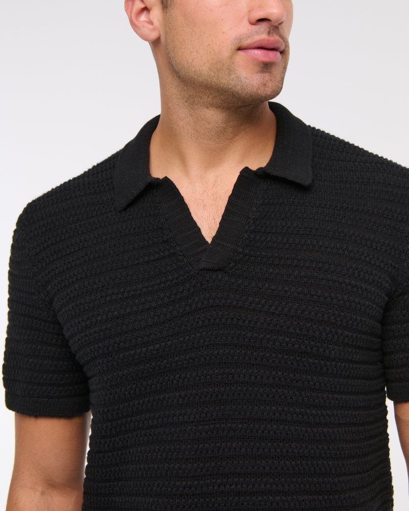 Textural Striped Johnny Collar Sweater Polo
