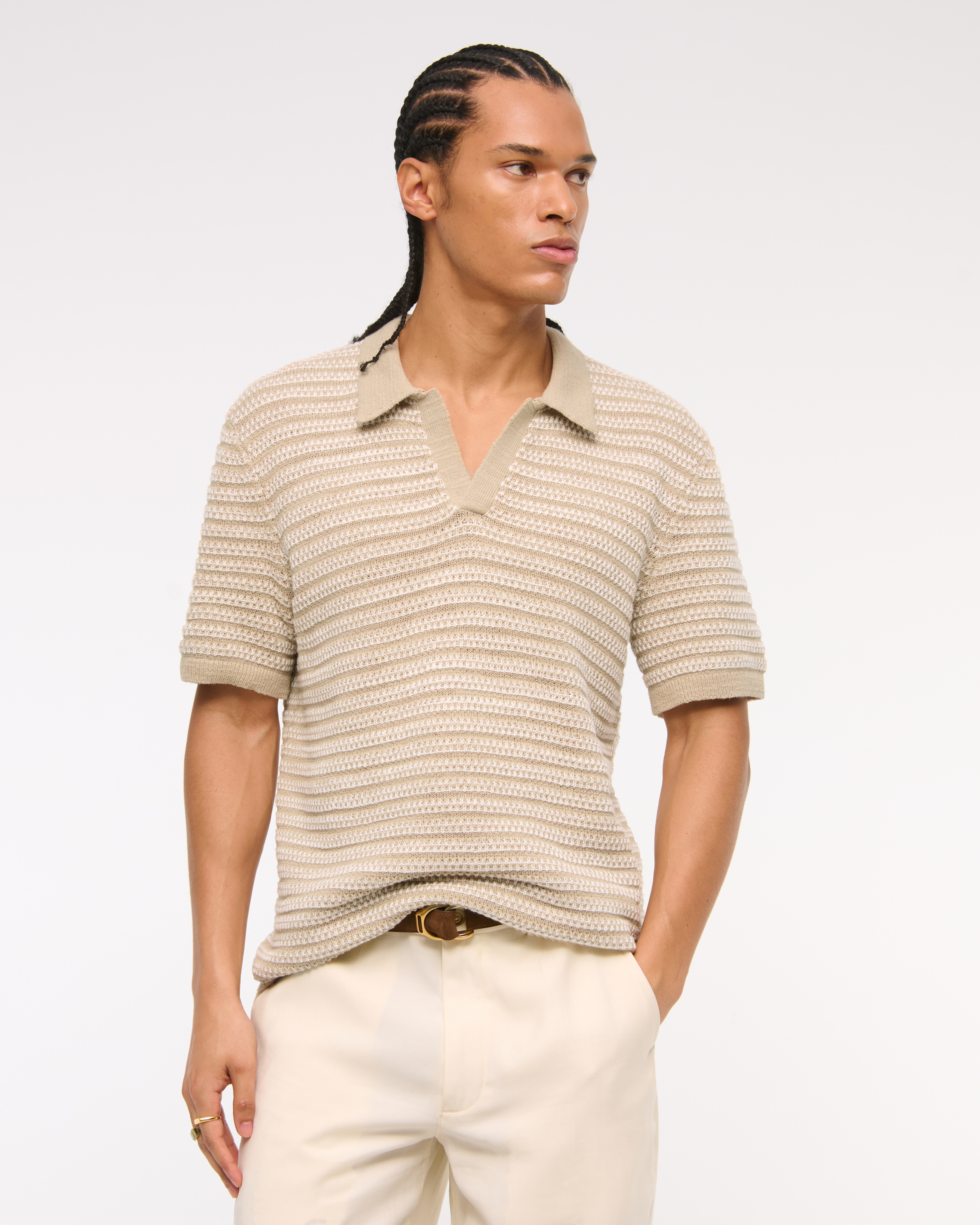Abercrombie & Fitch Textural Striped Johnny Collar Sweater Polo In Blue
