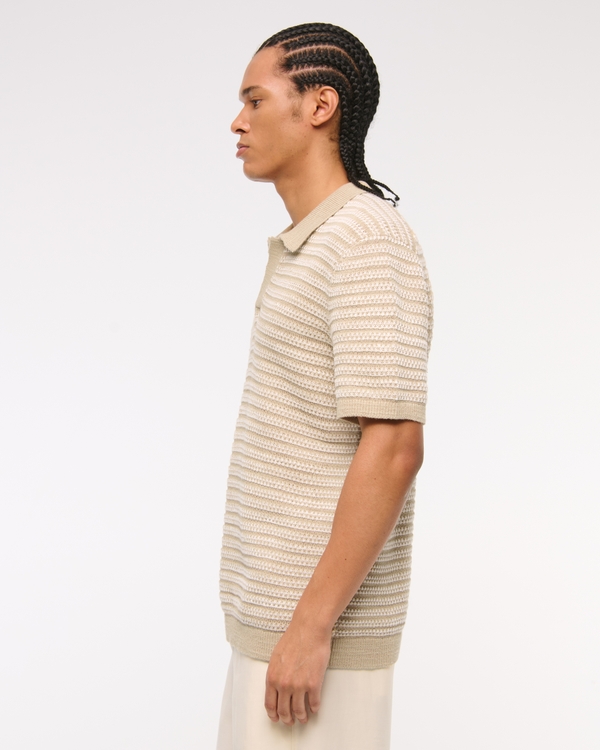 Textural Striped Johnny Collar Sweater Polo