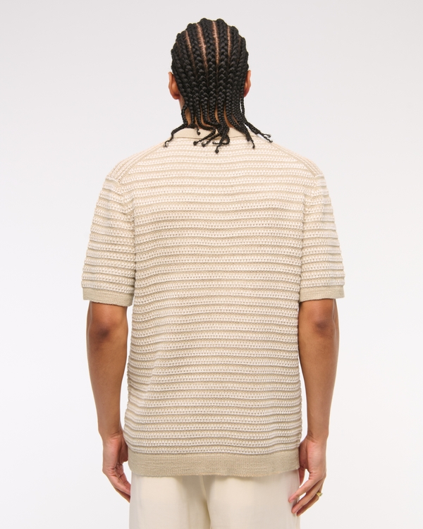 Textural Striped Johnny Collar Sweater Polo