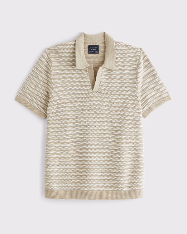 Textural Striped Johnny Collar Sweater Polo, White Pepper Stripe view 1