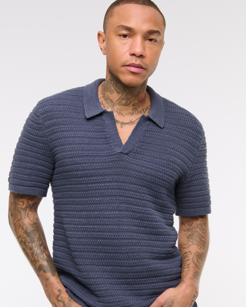 Textural Striped Johnny Collar Sweater Polo - thumbnail 2