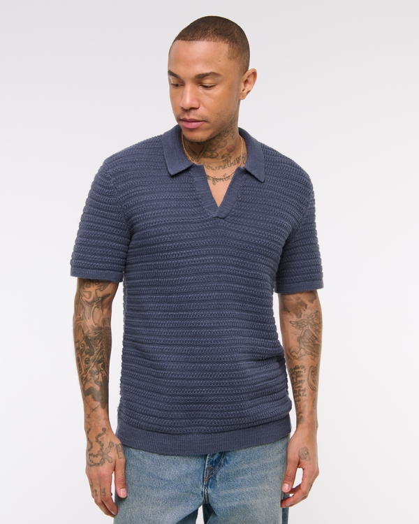 Men's Textural Striped Johnny Collar Sweater Polo | Men's Tops