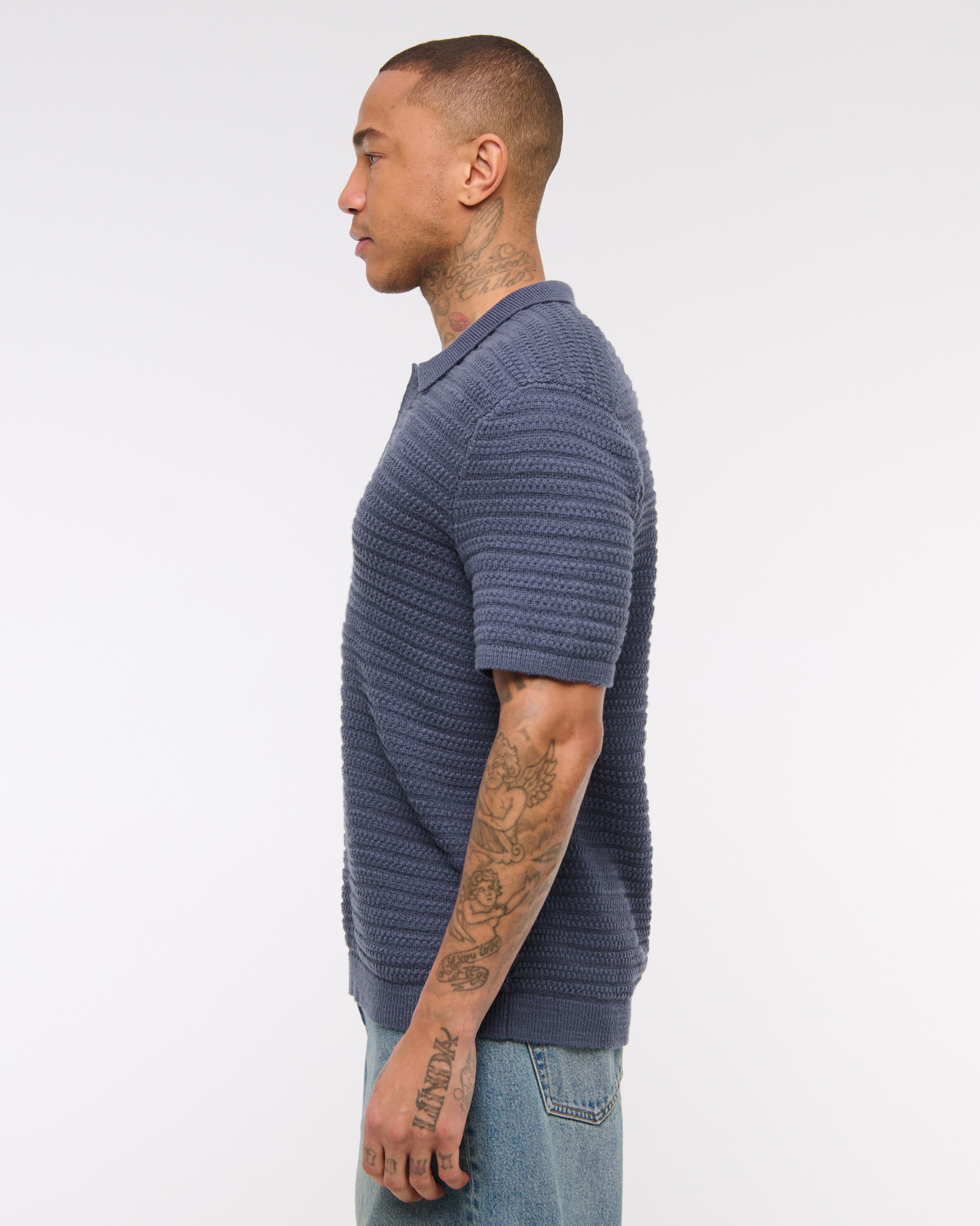 Men's Textural Striped Johnny Collar Sweater Polo | Men's Tops