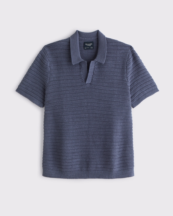 Textural Striped Johnny Collar Sweater Polo, Deep Sapphire view 1