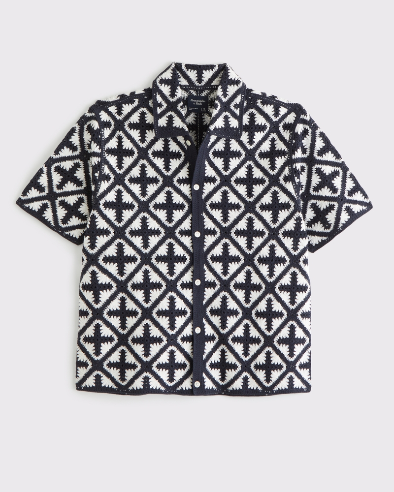 Crochet-Style Diamond Button-Through Sweater Polo