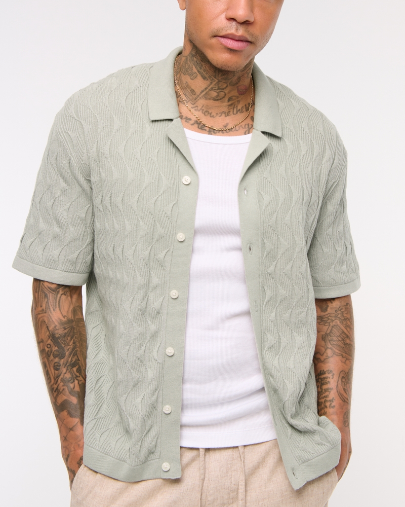 Geometric Stitch Button-Through Sweater Polo