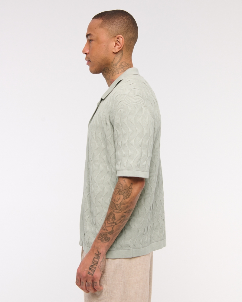 Geometric Stitch Button-Through Sweater Polo