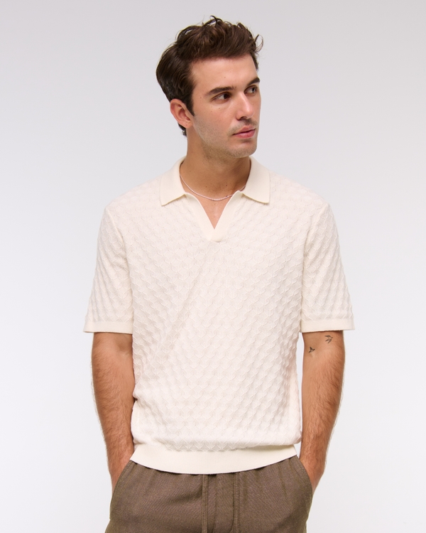 Pointelle Stitch Johnny Collar Sweater Polo, Cream view 1