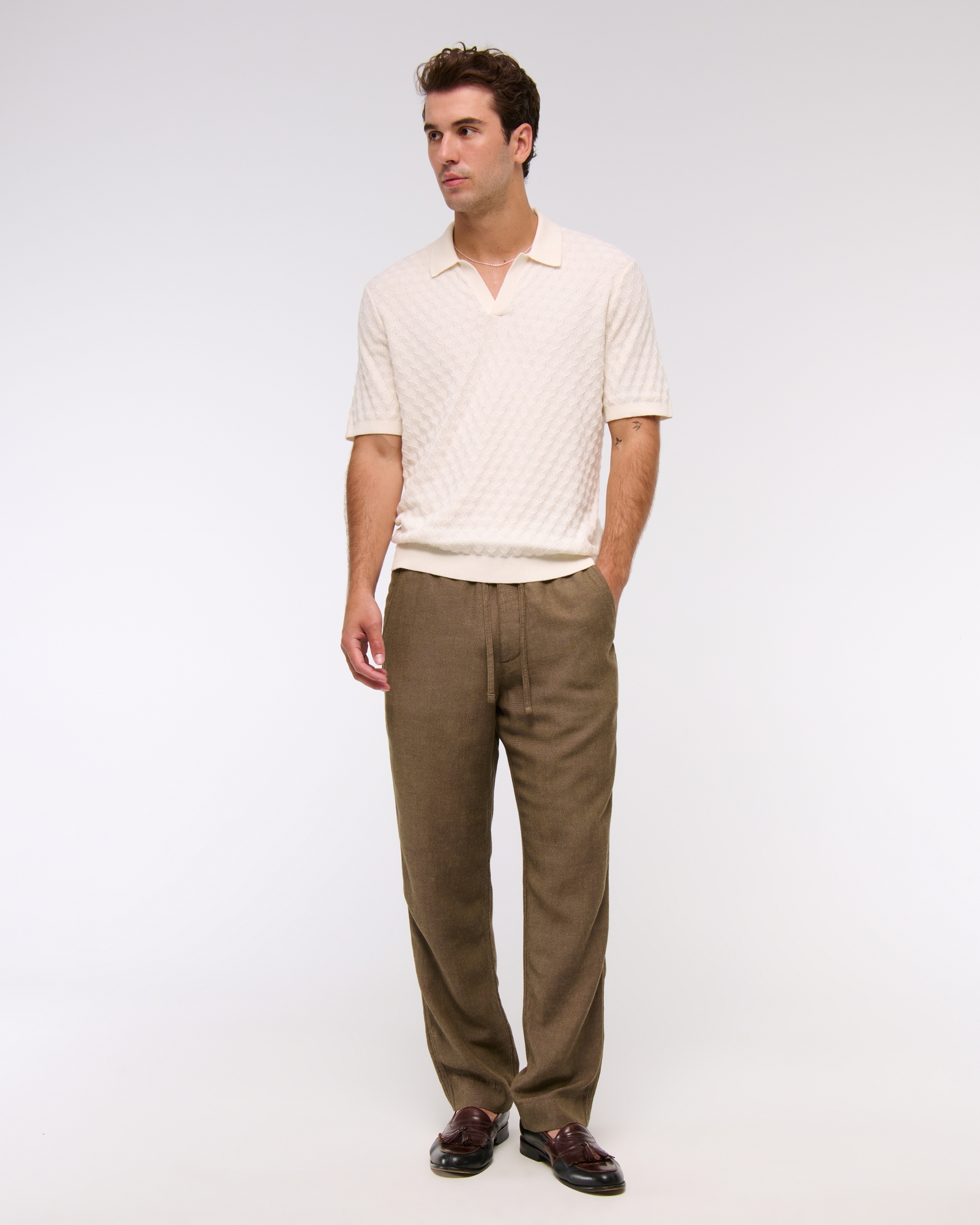 Pointelle Stitch Johnny Collar Sweater Polo
